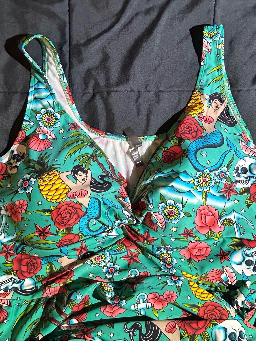 Torrid Teal One-Piece Swim Dress with Red, Yellow & Blue Tattoo Motif